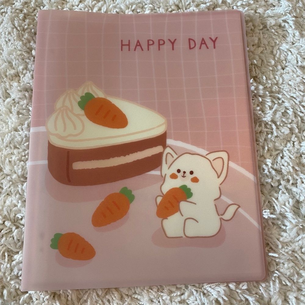 Cute Animal and Carrot Cake Print Binder Folder With 5 Plastic Sleeves.